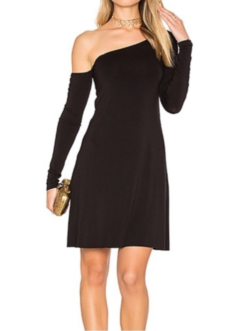 Bailey 44 Black Asymmetrical One-Shoulder Long Sleeve Dress Stretch Knit LBD Med
